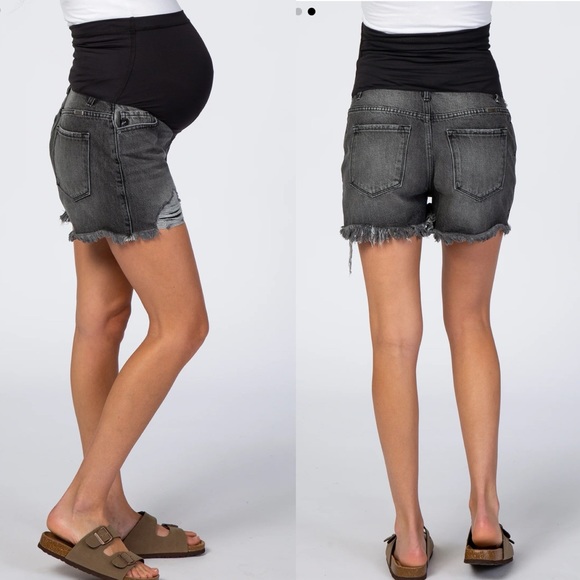 Pinkblush Faded Black Grey Distressed Full Panel Raw Hem Maternity Jean Shorts - Picture 2 of 9